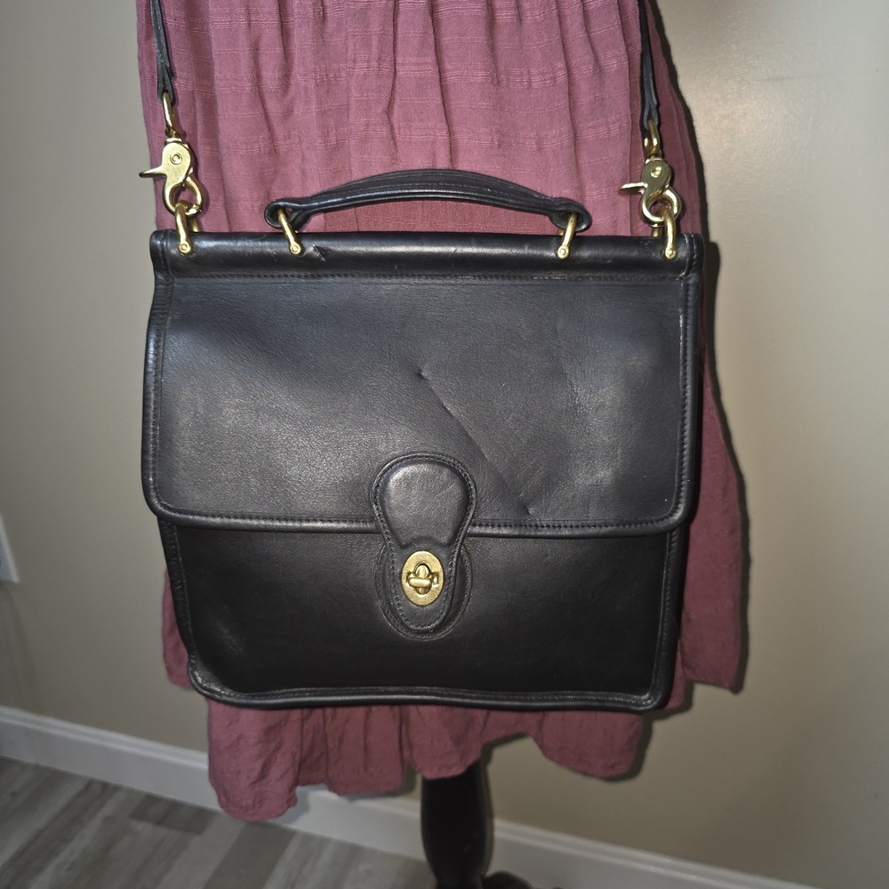 Vtg COACH BLACK WILLIS 9927 Leather Top Handle XBody Satchel Brass Hardware‎